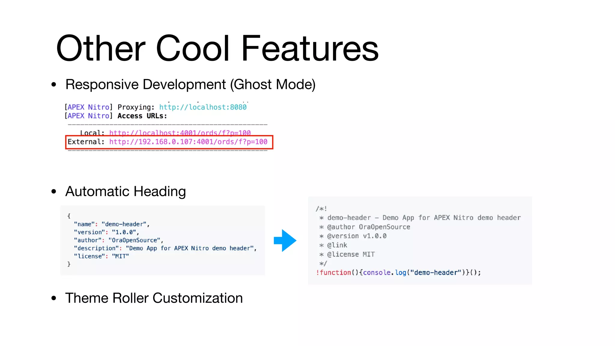 Other Cool Features
• Responsive Development (Ghost Mode)

• Automatic Heading

• Theme Roller Customization
 