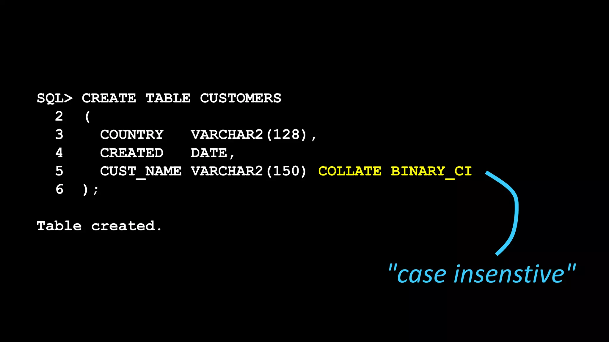 SQL> CREATE TABLE CUSTOMERS
2 (
3 COUNTRY VARCHAR2(128),
4 CREATED DATE,
5 CUST_NAME VARCHAR2(150) COLLATE BINARY_CI
6 );
Table created.
"case insenstive"
 