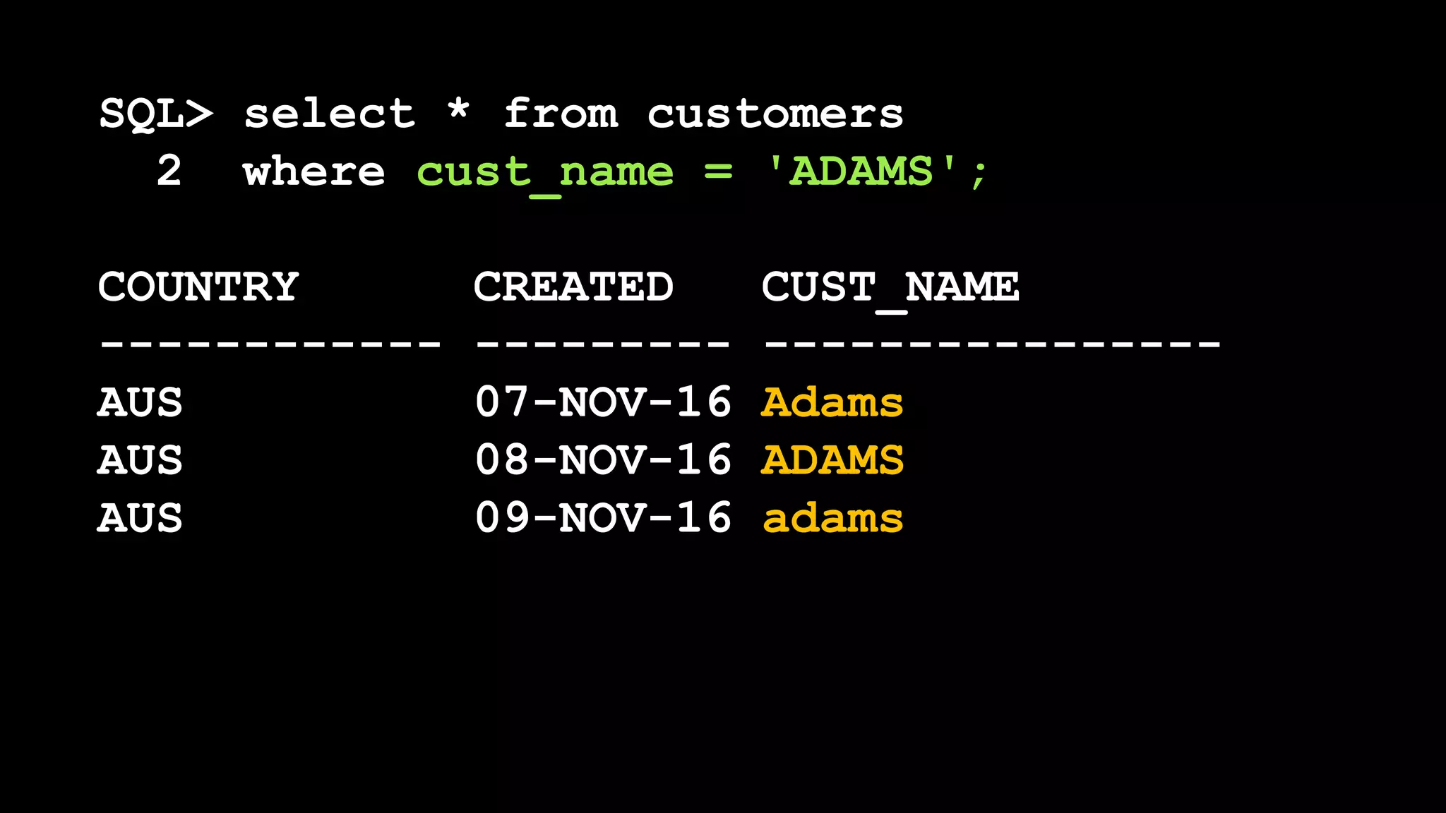 SQL> select * from customers
2 where cust_name = 'ADAMS';
COUNTRY CREATED CUST_NAME
------------ --------- ----------------
AUS 07-NOV-16 Adams
AUS 08-NOV-16 ADAMS
AUS 09-NOV-16 adams
 