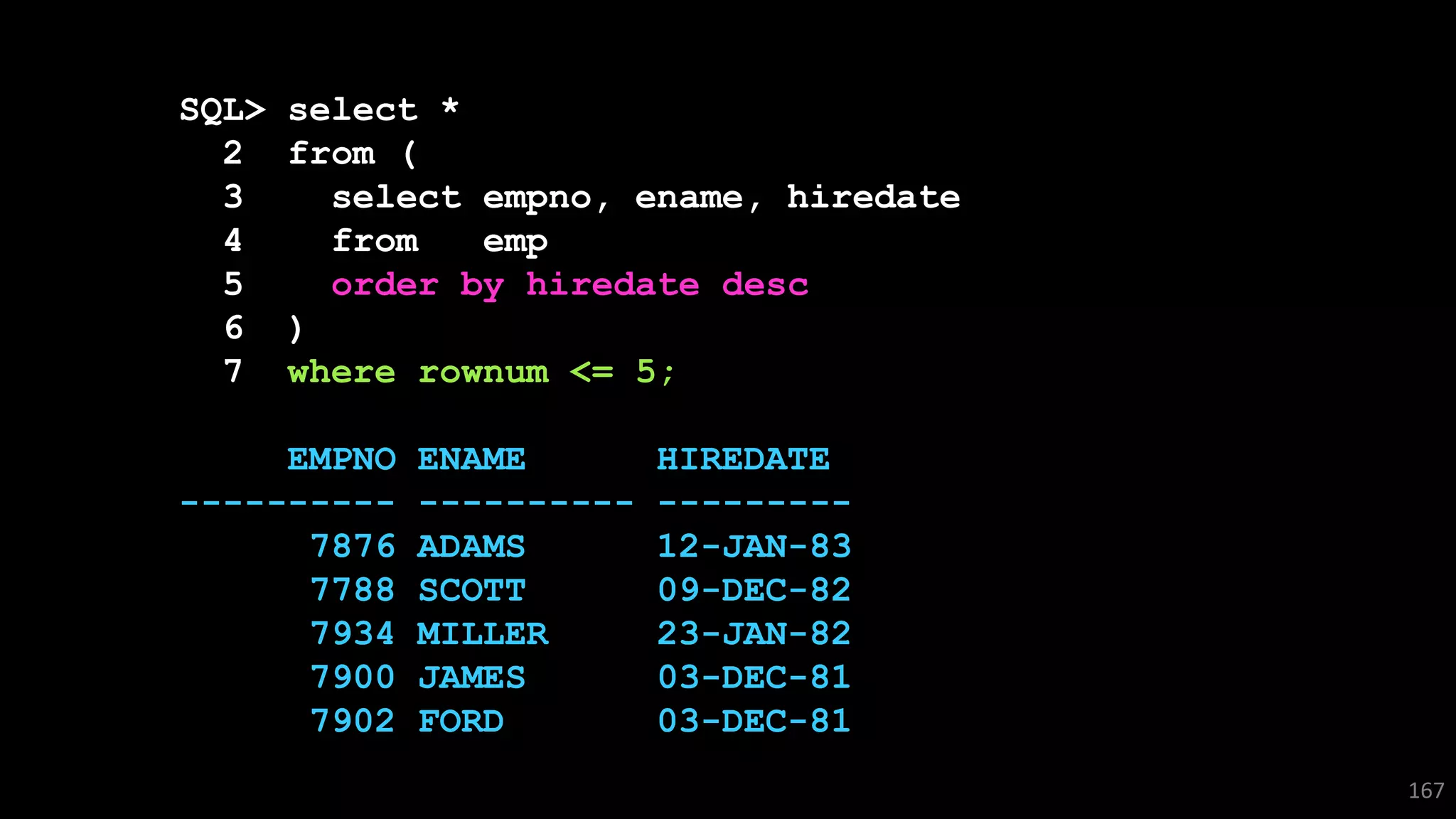 SQL> select *
2 from (
3 select empno, ename, hiredate
4 from emp
5 order by hiredate desc
6 )
7 where rownum <= 5;
EMPNO ENAME HIREDATE
---------- ---------- ---------
7876 ADAMS 12-JAN-83
7788 SCOTT 09-DEC-82
7934 MILLER 23-JAN-82
7900 JAMES 03-DEC-81
7902 FORD 03-DEC-81
167
 