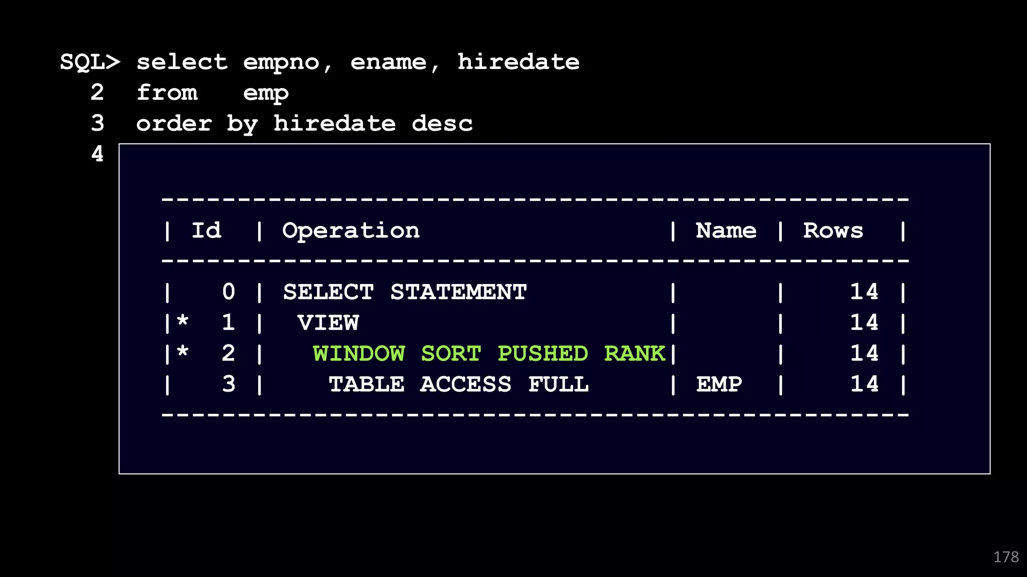 SQL> select empno, ename, hiredate
2 from emp
3 order by hiredate desc
4 fetch first 5 rows only;
178
-------------------------------------------------
| Id | Operation | Name | Rows |
-------------------------------------------------
| 0 | SELECT STATEMENT | | 14 |
|* 1 | VIEW | | 14 |
|* 2 | WINDOW SORT PUSHED RANK| | 14 |
| 3 | TABLE ACCESS FULL | EMP | 14 |
-------------------------------------------------
 