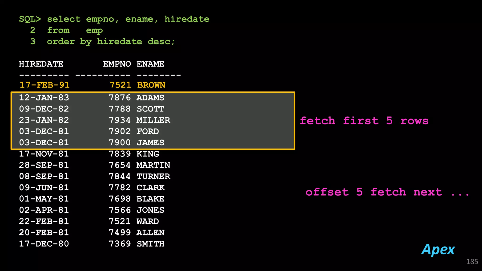 SQL> select empno, ename, hiredate
2 from emp
3 order by hiredate desc;
HIREDATE EMPNO ENAME
--------- ---------- --------
12-JAN-83 7876 ADAMS
09-DEC-82 7788 SCOTT
23-JAN-82 7934 MILLER
03-DEC-81 7902 FORD
03-DEC-81 7900 JAMES
17-NOV-81 7839 KING
28-SEP-81 7654 MARTIN
08-SEP-81 7844 TURNER
09-JUN-81 7782 CLARK
01-MAY-81 7698 BLAKE
02-APR-81 7566 JONES
22-FEB-81 7521 WARD
20-FEB-81 7499 ALLEN
17-DEC-80 7369 SMITH
185
fetch first 5 rows
offset 5 fetch next ...
17-FEB-91 7521 BROWN
Apex
 