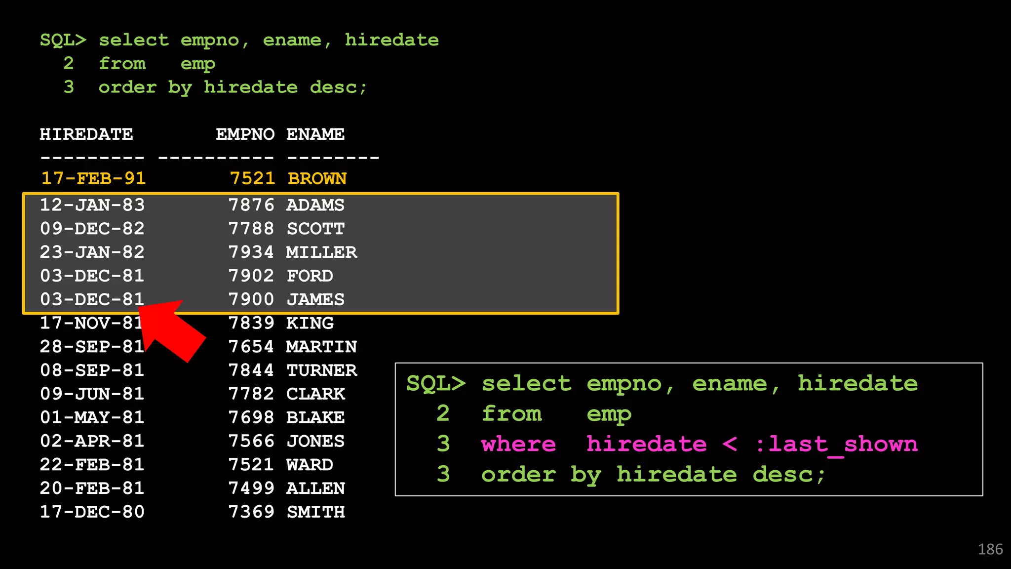 SQL> select empno, ename, hiredate
2 from emp
3 order by hiredate desc;
HIREDATE EMPNO ENAME
--------- ---------- --------
12-JAN-83 7876 ADAMS
09-DEC-82 7788 SCOTT
23-JAN-82 7934 MILLER
03-DEC-81 7902 FORD
03-DEC-81 7900 JAMES
17-NOV-81 7839 KING
28-SEP-81 7654 MARTIN
08-SEP-81 7844 TURNER
09-JUN-81 7782 CLARK
01-MAY-81 7698 BLAKE
02-APR-81 7566 JONES
22-FEB-81 7521 WARD
20-FEB-81 7499 ALLEN
17-DEC-80 7369 SMITH
186
17-FEB-91 7521 BROWN
SQL> select empno, ename, hiredate
2 from emp
3 where hiredate < :last_shown
3 order by hiredate desc;
 