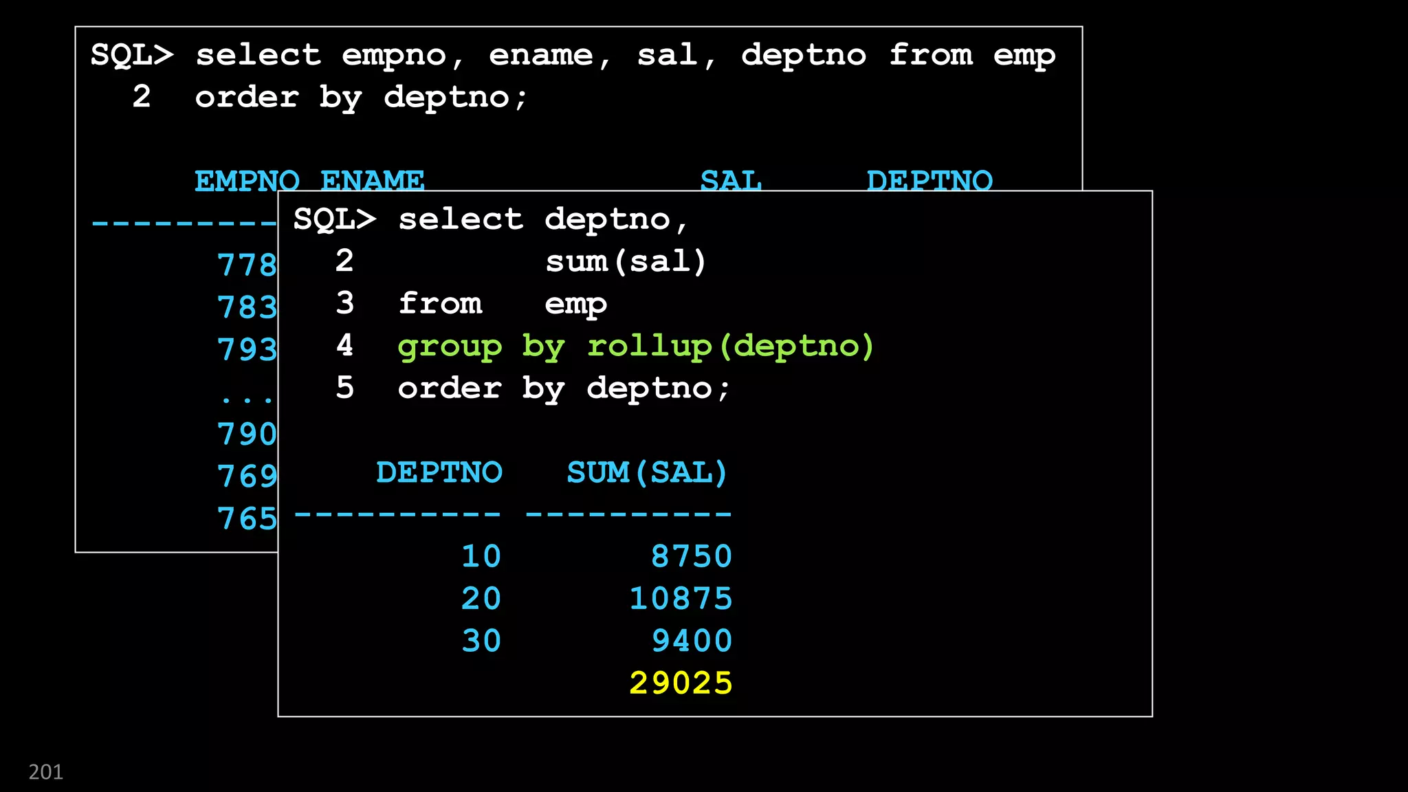 SQL> select empno, ename, sal, deptno from emp
2 order by deptno;
EMPNO ENAME SAL DEPTNO
---------- ---------- ---------- ----------
7782 CLARK 2450 10
7839 KING 5000 10
7934 MILLER 1300 10
...
7900 JAMES 950 30
7698 BLAKE 2850 30
7654 MARTIN 1250 30
201
SQL> select deptno,
2 sum(sal)
3 from emp
4 group by rollup(deptno)
5 order by deptno;
DEPTNO SUM(SAL)
---------- ----------
10 8750
20 10875
30 9400
29025
 