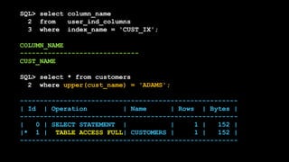 SQL> select column_name
2 from user_ind_columns
3 where index_name = 'CUST_IX';
COLUMN_NAME
------------------------------
CUST_NAME
SQL> select * from customers
2 where upper(cust_name) = 'ADAMS';
-------------------------------------------------------
| Id | Operation | Name | Rows | Bytes |
-------------------------------------------------------
| 0 | SELECT STATEMENT | | 1 | 152 |
|* 1 | TABLE ACCESS FULL| CUSTOMERS | 1 | 152 |
-------------------------------------------------------
 