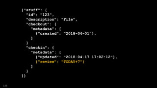 {"stuff": {
"id": "123",
"description": "File",
"checkout": {
"metadata": [
{"created": "2018-04-01"},
]
}
"checkin": {
"metadata": [
{"updated": "2018-04-17 17:02:12"},
{"review": "TODAY+7"}
]
}
}}
139
 