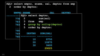 SQL> select empno, ename, sal, deptno from emp
2 order by deptno;
EMPNO ENAME SAL DEPTNO
---------- ---------- ---------- ----------
7782 CLARK 2450 10
7839 KING 5000 10
7934 MILLER 1300 10
...
7900 JAMES 950 30
7698 BLAKE 2850 30
7654 MARTIN 1250 30
201
SQL> select deptno,
2 sum(sal)
3 from emp
4 group by rollup(deptno)
5 order by deptno;
DEPTNO SUM(SAL)
---------- ----------
10 8750
20 10875
30 9400
29025
 