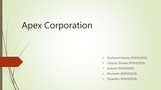 Apex Corporation
• Dushyant Kataria (PGPJ02019)
• Utkarsh Shivam (PGPJ02059)
• Ankush (PGPJ02005)
• Khumesh (PGPJ02029)
• Dipanshu (PGPJ02018)
 