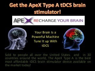 Sold to people all over the United States and in 30
countries around the world, The ApeX Type A is the best
most affordable tDCS brain stimulator device available on
the market today!
Your Brain Is a
Powerful Machine
Tune It up With
tDCS
 