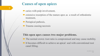 Causes of open apices
 caries with pulp involvement,
 extensive resorption of the mature apex as a result of orthodontic
treatment,
 Periapical pathosis,
 Trauma causing necrosis
This open apex causes two major problems.
 The normal crown /root ratio is compromised and may cause mobility.
 It becomes difficult to achieve an apical seal with conventional root
canal filling.
3
10/12/2017 4:59
AM
 