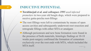 INDUCTIVE POTENTIAL
Torabinejad et al. and colleagues 1995 used infected
premolars in two-year old beagle dogs, which were prepared to
receive gutta-percha root-fillings
The root fillings were left to contaminate by means of open
access cavities and subsequently underwent root resection and
retrograde fillings with either MTA or amalgam
Although periosteum and new bone formation were found in
the presence of both materials, histologic findings at 10-18
weeks post-surgery confirmed the formation of cementum
exclusively over the root ends with MTA, which included the
MTA itself.
67
10/12/2017 4:59
AM
 