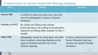 Controversies on calcium hydroxide dressing changing
78Study Findings Advantage
Chawla 1986 it suffices to place the paste only once and
wait for radiographic evidence of barrier
formation
Chosack et al 1972 the initial root filling with calcium
hydroxide there was nothing to be gained by
repeated root filling either monthly or after 3
months
Abbot 1998 radiographs cannot be relied upon the ideal
time to replace a dressing depends on the
stage of treatment and the size of the
foramen opening.
It allows clinical assessment of
barrier formation and may
increase the speed of bridge
formation
10/12/2017 4:59
AM
 