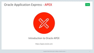 Copyright © 2018, Oracle and/or its affiliates. All rights reserved. |
Oracle Application Express - APEX
1
Free
Introduction to Oracle APEX
https://apex.oracle.com
 