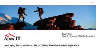 Slide
Leveraging Social Media and Social CRM to Maximize Student Experience
Bryan Hinz
Apex IT – Principal CRM/CX Consultant
2013
 