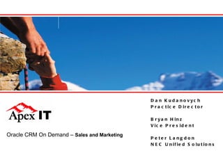 Oracle CRM On Demand –  Sales and Marketing Dan Kudanovych Practice Director Bryan Hinz Vice President Peter Langdon NEC Unified Solutions 