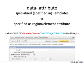 data- attribute
specialized (spezified in) Templates
vs
spezified as region/element attribute
<a href="#LINK#" data-role="button" #BUTTON_ATTRIBUTES#>#LABEL#</a>
22
 