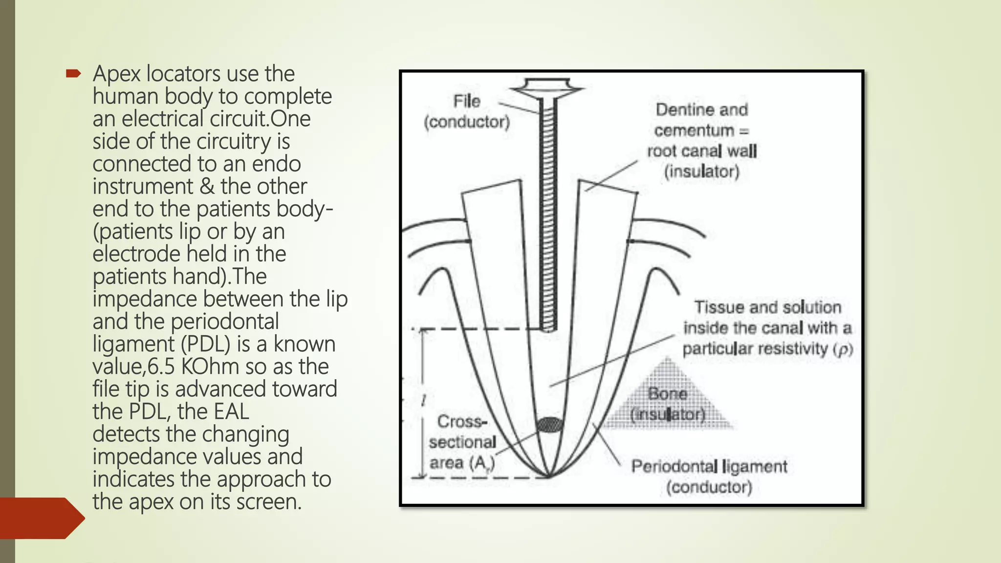  Apex locators use the
human body to complete
an electrical circuit.One
side of the circuitry is
connected to an endo
instrument & the other
end to the patients body-
(patients lip or by an
electrode held in the
patients hand).The
impedance between the lip
and the periodontal
ligament (PDL) is a known
value,6.5 KOhm so as the
file tip is advanced toward
the PDL, the EAL
detects the changing
impedance values and
indicates the approach to
the apex on its screen.
 
