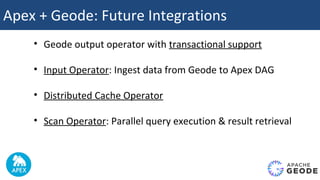 Apex + Geode: Future Integrations
• Geode output operator with transactional support
• Input Operator: Ingest data from Geode to Apex DAG
• Distributed Cache Operator
• Scan Operator: Parallel query execution & result retrieval
 