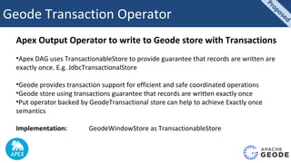 Geode Transaction Operator
Apex Output Operator to write to Geode store with Transactions
•Apex DAG uses TransactionableStore to provide guarantee that records are written are
exactly once. E.g. JdbcTransactionalStore
•Geode provides transaction support for efficient and safe coordinated operations
•Geode store using transactions guarantee that records are written exactly once
•Put operator backed by GeodeTransactional store can help to achieve Exactly once
semantics
Implementation: GeodeWindowStore as TransactionableStore
Proposed
Proposed
 