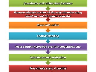 Re-evaluate every 6 months
Interim coronal restoration
Place calcium hydroxide over the amputation site
Control bleeding
Rinse with saline
Remove Infected portion of the pulp chamber using
round bur and /or spoon excavator
Anesthesia and rubber dam isolation
 