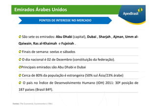 Emirados Árabes Unidos
                          PONTOS DE INTERESSE NO MERCADO



         São sete os emirados: Abu Dhabi (capital), Dubai , Sharjah , Ajman, Umm al-
     Qaiwain, Ras al-Khaimah e Fujeirah .

         Finais de semana: sextas e sábados

         O dia nacional é 02 de Dezembro (constituição da federação).

        Principais emirados são Abu Dhabi e Dubai

         Cerca de 80% da população é estrangeira (50% sul Ásia/23% árabe)
          O país no Índice de Desenvolvimento Humano (IDH) 2011: 30ª posição de
     187 países (Brasil 84º).


Fontes: The Economist, Euromonitor e ONU
 