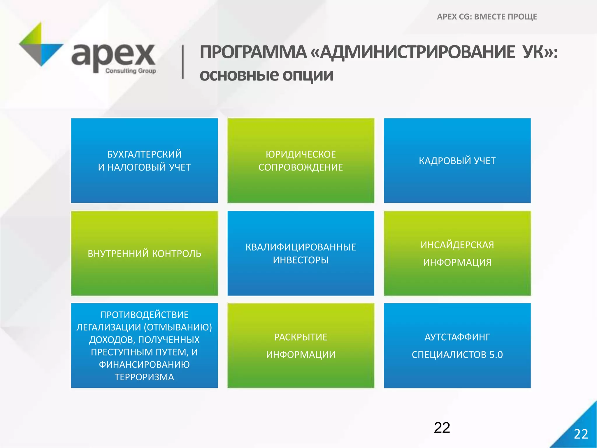 БУХГАЛТЕРСКИЙ
И НАЛОГОВЫЙ УЧЕТ
ЮРИДИЧЕСКОЕ
СОПРОВОЖДЕНИЕ
КАДРОВЫЙ УЧЕТ
ВНУТРЕННИЙ КОНТРОЛЬ
КВАЛИФИЦИРОВАННЫЕ
ИНВЕСТОРЫ
ИНСАЙДЕРСКАЯ
ИНФОРМАЦИЯ
ПРОТИВОДЕЙСТВИЕ
ЛЕГАЛИЗАЦИИ (ОТМЫВАНИЮ)
ДОХОДОВ, ПОЛУЧЕННЫХ
ПРЕСТУПНЫМ ПУТЕМ, И
ФИНАНСИРОВАНИЮ
ТЕРРОРИЗМА
РАСКРЫТИЕ
ИНФОРМАЦИИ
АУТСТАФФИНГ
СПЕЦИАЛИСТОВ 5.0
22
ПРОГРАММА«АДМИНИСТРИРОВАНИЕ УК»:
основныеопции
APEX CG: ВМЕСТЕ ПРОЩЕ
22
 