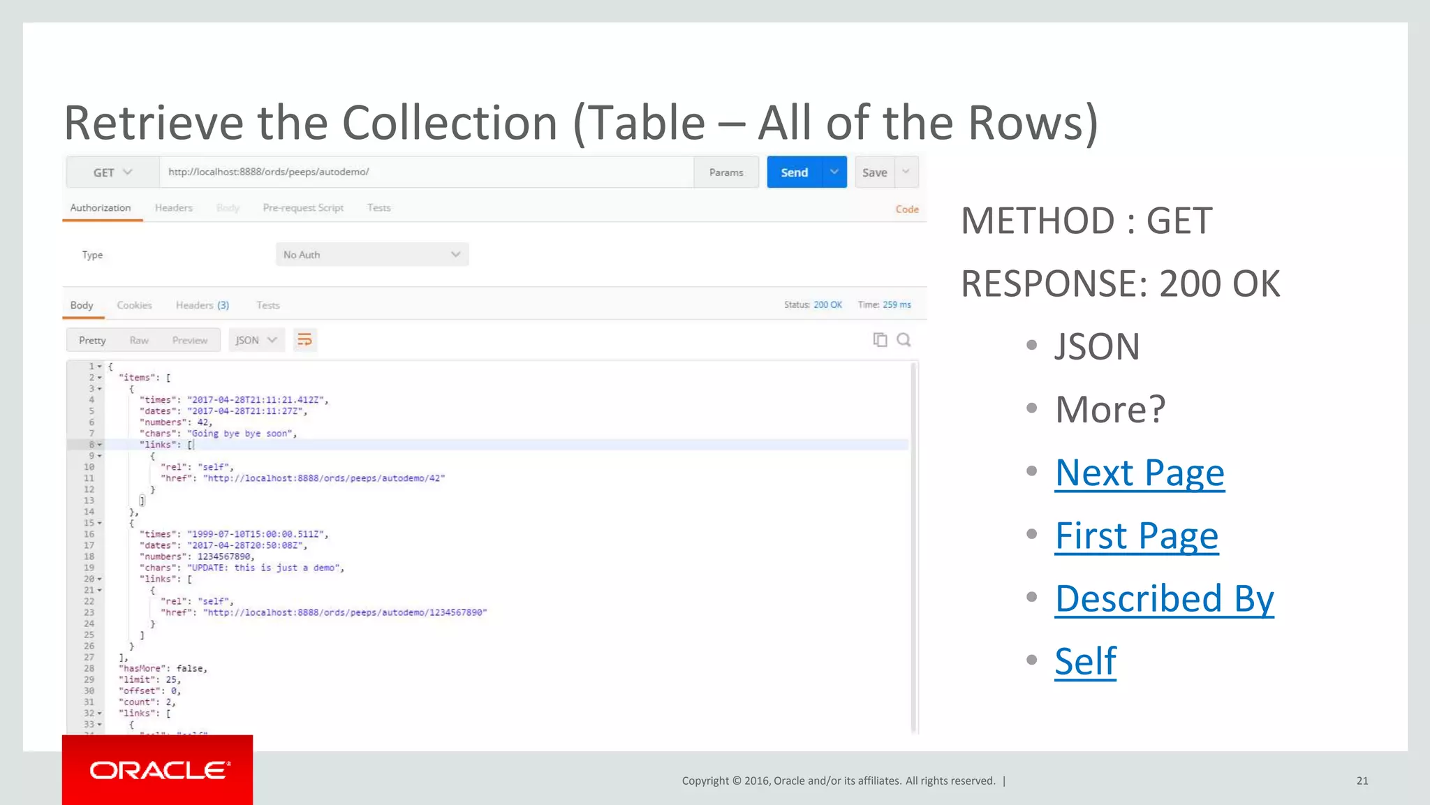 Copyright © 2016, Oracle and/or its affiliates. All rights reserved. |
Retrieve the Collection (Table – All of the Rows)
21
200
JSON
METHOD : GET
RESPONSE: 200 OK
• JSON
• More?
• Next Page
• First Page
• Described By
• Self
 