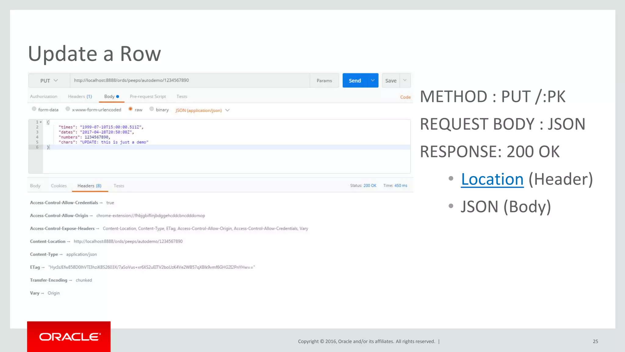 Copyright © 2016, Oracle and/or its affiliates. All rights reserved. |
Update a Row
25
METHOD : PUT /:PK
REQUEST BODY : JSON
RESPONSE: 200 OK
• Location (Header)
• JSON (Body)
 