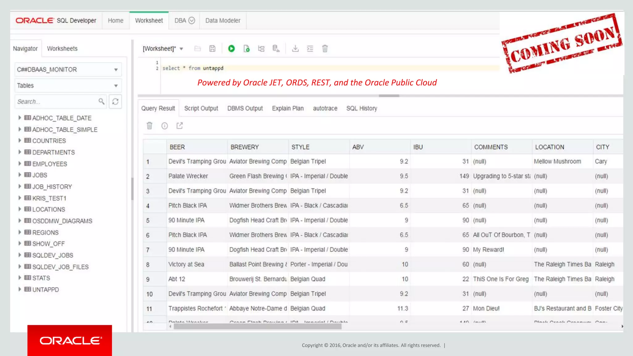 Copyright © 2016, Oracle and/or its affiliates. All rights reserved. |
Powered by Oracle JET, ORDS, REST, and the Oracle Public Cloud
 