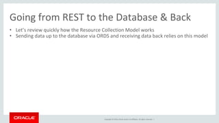 Copyright © 2016, Oracle and/or its affiliates. All rights reserved. |
Going from REST to the Database & Back
• Let’s review quickly how the Resource Collection Model works
• Sending data up to the database via ORDS and receiving data back relies on this model
 