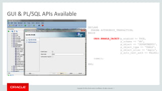 Copyright © 2016, Oracle and/or its affiliates. All rights reserved. |
DECLARE
PRAGMA AUTONOMOUS_TRANSACTION;
BEGIN
ORDS.ENABLE_OBJECT(p_enabled => TRUE,
p_schema => 'HR',
p_object => 'DEPARTMENTS',
p_object_type => 'TABLE',
p_object_alias => 'depts',
p_auto_rest_auth => FALSE);
commit;
END;
GUI & PL/SQL APIs Available
 