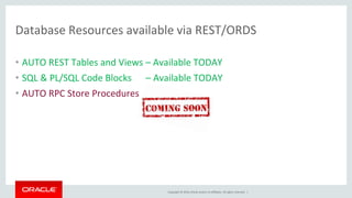 Copyright © 2016, Oracle and/or its affiliates. All rights reserved. |
Database Resources available via REST/ORDS
• AUTO REST Tables and Views – Available TODAY
• SQL & PL/SQL Code Blocks – Available TODAY
• AUTO RPC Store Procedures
 