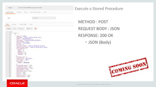 Copyright © 2014 Oracle and/or its affiliates. All rights reserved. |
Execute a Stored Procedure
METHOD : POST
REQUEST BODY : JSON
RESPONSE: 200 OK
• JSON (Body)
 