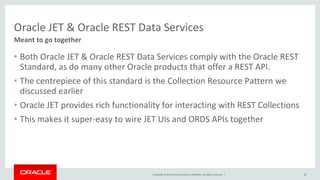 Copyright © 2016, Oracle and/or its affiliates. All rights reserved. |
Oracle JET & Oracle REST Data Services
• Both Oracle JET & Oracle REST Data Services comply with the Oracle REST
Standard, as do many other Oracle products that offer a REST API.
• The centrepiece of this standard is the Collection Resource Pattern we
discussed earlier
• Oracle JET provides rich functionality for interacting with REST Collections
• This makes it super-easy to wire JET UIs and ORDS APIs together
38
Meant to go together
 