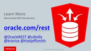 Copyright © 2016, Oracle and/or its affiliates. All rights reserved. |
Learn More
About Oracle REST Data Services
oracle.com/rest
@OracleREST @cdivilly
@krisrice @thatjeffsmith
 