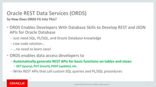 Copyright © 2016, Oracle and/or its affiliates. All rights reserved. |
Oracle REST Data Services (ORDS)
• ORDS Enables Developers With Database Skills to Develop REST and JSON
APIs for Oracle Database
– Just need SQL, PL/SQL, and Oracle Database knowledge
– Low code solution…
– …no need to learn Java!
• ORDS enables data access developers to
– Automatically generate REST APIs for basic functions on tables and views
• GET (query), PUT (insert), POST (update), etc.
– Write REST APIs that call custom SQL queries and PL/SQL procedures
7
So How Does ORDS Fit Into This?
 