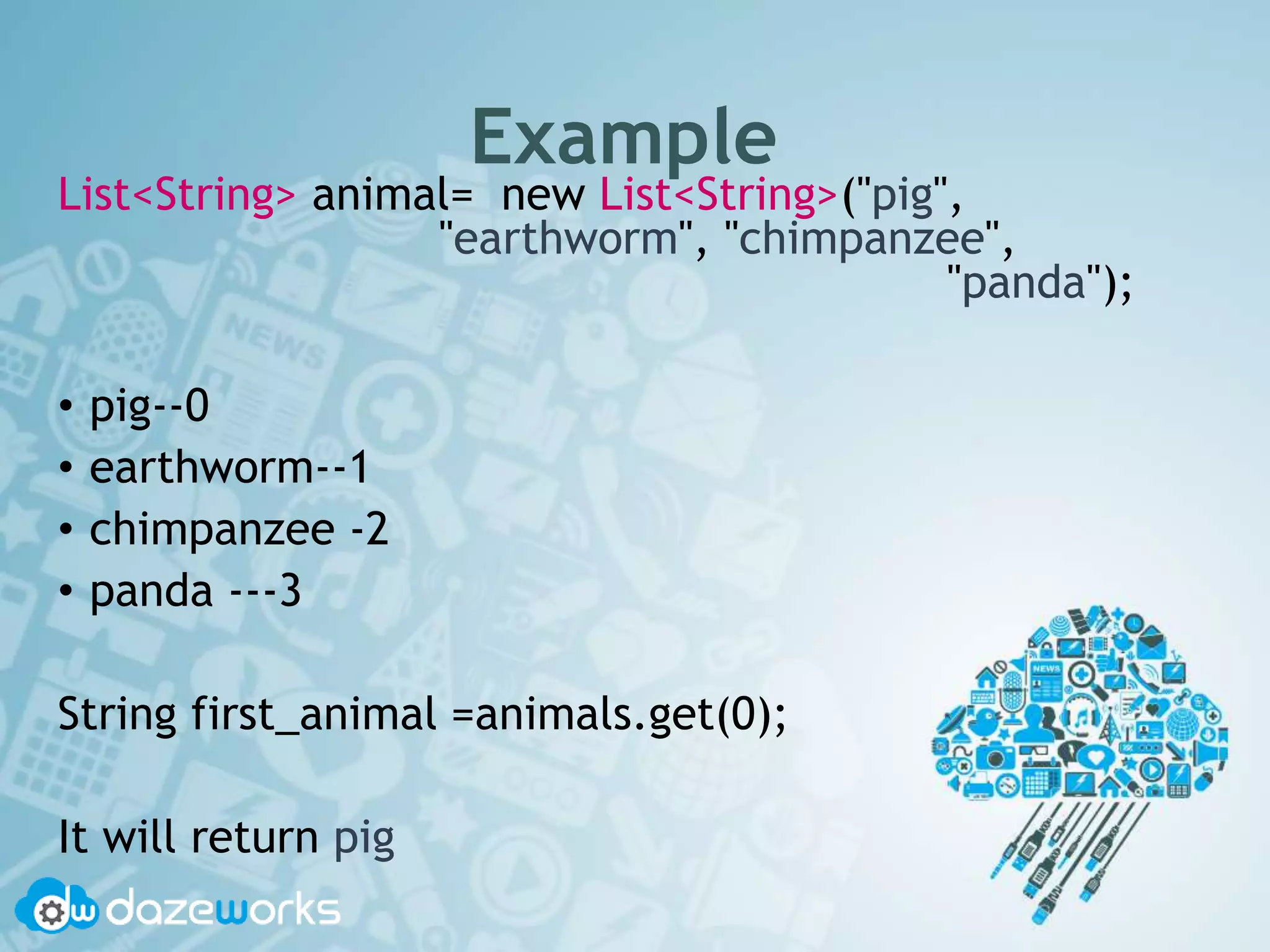 Example
List<String> animal= new List<String>("pig",
"earthworm", "chimpanzee",
"panda");
• pig--0
• earthworm--1
• chimpanzee -2
• panda ---3
String first_animal =animals.get(0);
It will return pig
 