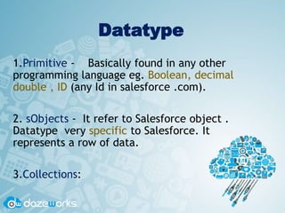 Datatype
1.Primitive - Basically found in any other
programming language eg. Boolean, decimal
double , ID (any Id in salesforce .com).
2. sObjects - It refer to Salesforce object .
Datatype very specific to Salesforce. It
represents a row of data.
3.Collections:
 