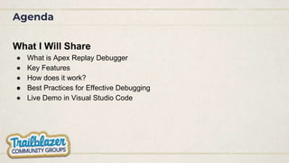 Agenda
What I Will Share
● What is Apex Replay Debugger
● Key Features
● How does it work?
● Best Practices for Effective Debugging
● Live Demo in Visual Studio Code
 