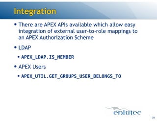 Integration
— There are APEX APIs available which allow easy
integration of external user-to-role mappings to
an APEX Authorization Scheme
— LDAP
— APEX_LDAP.IS_MEMBER
— APEX Users
— APEX_UTIL.GET_GROUPS_USER_BELONGS_TO
25
 