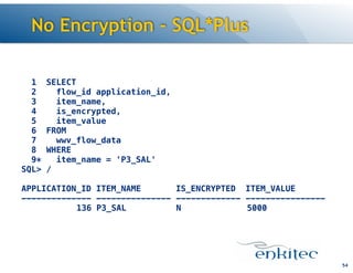 No Encryption - SQL*Plus
54
1 SELECT
2 flow_id application_id,
3 item_name,
4 is_encrypted,
5 item_value
6 FROM
7 wwv_flow_data
8 WHERE
9* item_name = 'P3_SAL'
SQL> /
!
APPLICATION_ID ITEM_NAME IS_ENCRYPTED ITEM_VALUE
-------------- --------------- ------------- ----------------
136 P3_SAL N 5000
 