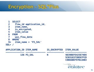Encryption - SQL*Plus
56
1 SELECT
2 flow_id application_id,
3 item_name,
4 is_encrypted,
5 item_value
6 FROM
7 wwv_flow_data
8 WHERE
9* item_name = 'P3_SAL'
SQL> /
!
APPLICATION_ID ITEM_NAME IS_ENCRYPTED ITEM_VALUE
-------------- --------------- ------------- ----------------
136 P3_SAL N 9839BEFE425E74DX
5C0318373DE67FCD
C8B66BEF97B13AB3
 