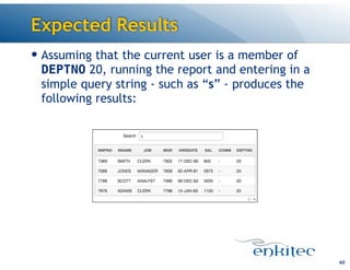 Expected Results
— Assuming that the current user is a member of
DEPTNO 20, running the report and entering in a
simple query string - such as “s” - produces the
following results:
60
 
