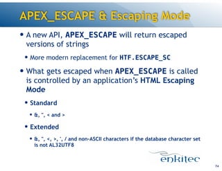 APEX_ESCAPE & Escaping Mode
— A new API, APEX_ESCAPE will return escaped
versions of strings
— More modern replacement for HTF.ESCAPE_SC
— What gets escaped when APEX_ESCAPE is called
is controlled by an application’s HTML Escaping
Mode
— Standard
— &, ", < and >
— Extended
— &, ", <, >, ', / and non-ASCII characters if the database character set
is not AL32UTF8
74
 