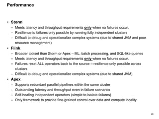 46
Performance
• Storm
– Meets latency and throughput requirements only when no failures occur.
– Resilience to failures o...