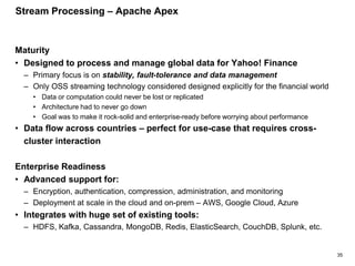 35
Stream Processing – Apache Apex
Maturity
• Designed to process and manage global data for Yahoo! Finance
– Primary focus is on stability, fault-tolerance and data management
– Only OSS streaming technology considered designed explicitly for the financial world
• Data or computation could never be lost or replicated
• Architecture had to never go down
• Goal was to make it rock-solid and enterprise-ready before worrying about performance
• Data flow across countries – perfect for use-case that requires cross-
cluster interaction
Enterprise Readiness
• Advanced support for:
– Encryption, authentication, compression, administration, and monitoring
– Deployment at scale in the cloud and on-prem – AWS, Google Cloud, Azure
• Integrates with huge set of existing tools:
– HDFS, Kafka, Cassandra, MongoDB, Redis, ElasticSearch, CouchDB, Splunk, etc.
 