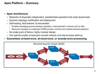 36
Apex Platform – Summary
• Apex Architecture
– Networks of physically independent, parallelizable operators that scale dynamically
– Dynamic topology modification and deployment
– Self-healing, fault tolerant, & recoverable
• Durable messaging queues between operators, check-pointed in memory and on disk
• Resource manager is a replicated YARN process, monitors and restarts downed operators
– No single point of failure, highly modular design
– Can specify locality of execution (avoids network and inter-process latency)
• Guarantees at-least-once, at-most-once, or exactly-once processing
Directed Acyclic Graph (DAG)
Output
Stream
Tuple Tuple
er
Operator
er
Operator
er
Operator
er
Operator
 