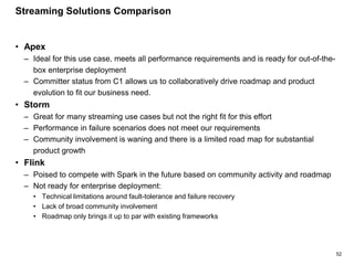 52
Streaming Solutions Comparison
• Apex
– Ideal for this use case, meets all performance requirements and is ready for out-of-the-
box enterprise deployment
– Committer status from C1 allows us to collaboratively drive roadmap and product
evolution to fit our business need.
• Storm
– Great for many streaming use cases but not the right fit for this effort
– Performance in failure scenarios does not meet our requirements
– Community involvement is waning and there is a limited road map for substantial
product growth
• Flink
– Poised to compete with Spark in the future based on community activity and roadmap
– Not ready for enterprise deployment:
• Technical limitations around fault-tolerance and failure recovery
• Lack of broad community involvement
• Roadmap only brings it up to par with existing frameworks
 