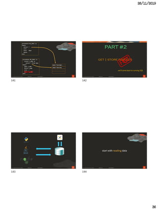 26/11/2019
36
141
procedure MY_PROC is
cursor c_emp is
select * from emp;
begin
open c_emp;
fetch c_emp
into …;
close c_emp;
end;
select * from emp
procedure MY_PROC is
begin
select *
into …
from dept
where …
end;
select * from dept …
142
PART #2
get | store results
we'll come back to running SQL
143 144
start with reading data
141 142
143 144
 