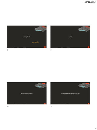 26/11/2019
4
13
compile it
on the fly
14
run it
15
get | store results
16
for successful applications...
13 14
15 16
 